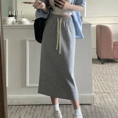 Aiertu Elegant Grey Long Skirts Women Korean Style Black Wrap Skirt Vintage Streetwear A-line Casual Solid All-match Skirts Aiertu