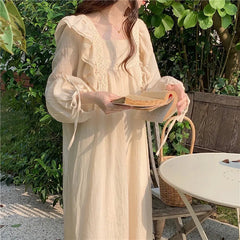 AIERTU - Long-sleeved Nightdress Women's Spring and Autumn New Sweet Solid Color Lace Lace Ruffle Edge Thin Pajamas Skirt Loungewear Aiertu