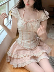 Aiertu DRESS TO IMPRESS Japanese Kawaii Sweet Elegant New 2 Piece Set Women Lace Up Vintage Kawaii Set Female Y2k Princess Mini Skirt Suit Summer 2024 Aiertu