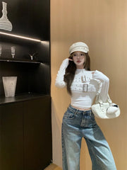 Aiertu Chic Buckle Long Sleeve T-Shirts Women Fashion Solid Simple Slim All-match Basic Tops Ladies Hot Half High Collar Hole Ins New aiertu