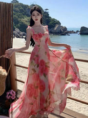 Aiertu Women Pink Floral Ruffles Slip Dress Summer Printed Festival Long Dresses Backless Slim Elegant Evening Party Sundress Boho Aiertu