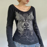 Aiertu BACK TO SCHOOL OUTFIT 2000s Retro Rhinestone Graphic Print T-shirt Harajuku Grunge Y2K Aesthetics Fairy Crop Top Korean Fashion Vintage Mall Goth Tees Aiertu