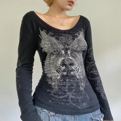 Aiertu BACK TO SCHOOL OUTFIT 2000s Retro Rhinestone Graphic Print T-shirt Harajuku Grunge Y2K Aesthetics Fairy Crop Top Korean Fashion Vintage Mall Goth Tees Aiertu