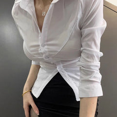 Sexy Slim Fit White Women Shirts Elegant Single-Breasted Lapel OL Office Blouse Ladies All-Match Long Sleeve Crop Tops Aiertu