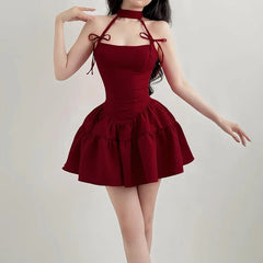 Aiertu DRESS TO IMPRESS French Vintage Red Bow Tie Halter Neck Dress, Waist Slimming A-Line Puff Strap Mini Dress for Women Aiertu