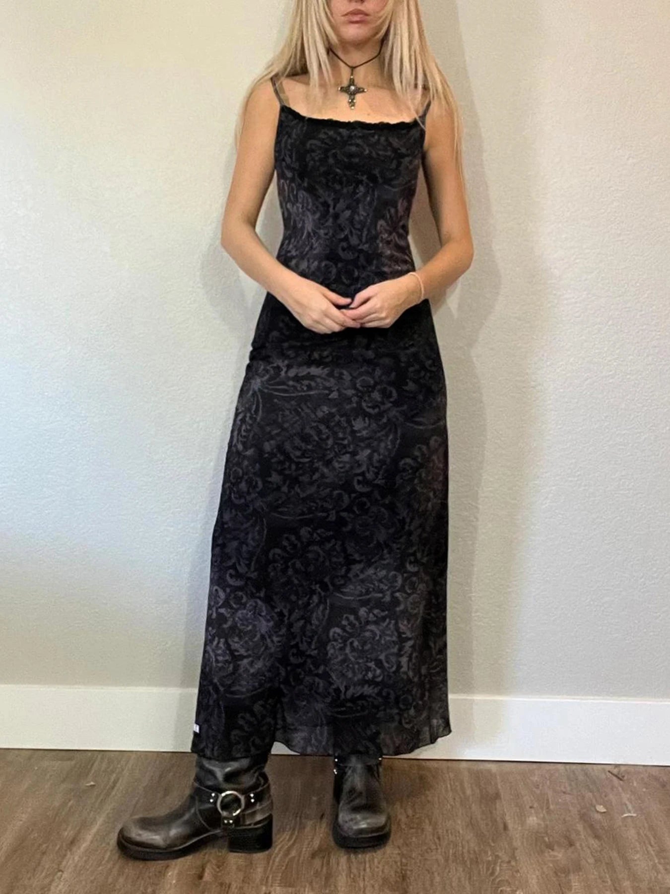 Retro Chic Floral Printed Mesh Spaghetti Strap Dress Y2K Aesthetics High Waist Ankle-Length Long Dress Fairycore Grunge Aiertu
