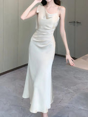 Aiertu Spaghetti Strap Women Fashion Satin Midi Dress Sleeveless Casual Solid Chic Bodycon Slim Party Dresses Female Vestidos New Aiertu