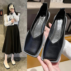 Aiertu 2024 Flat Shoes Women Square Toe Single Shoes Simple Temperament Leather Shoes Spring Autumn 4 Colors Aiertu