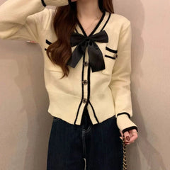 Aiertu Coquette Bow Cardigan Sweater Woman Elegant Knitted Tops Korean Fashion Sweet Cute Autumn Winter Long Sleeve Sweaters Aiertu