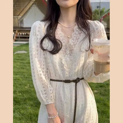 Aiertu 2024 Spring Elegant Lace Fairy Dress Women Button Design Vintage Long Sleeve Shirt Dress Office Lady Casual Fashion Korean Dress Aiertu