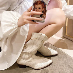 Aiertu Women's Embroidered Western Mid Calf Boots Cowboy Square Heels Boots Pointed Toe Platform Boots Women Western Shoes Aiertu