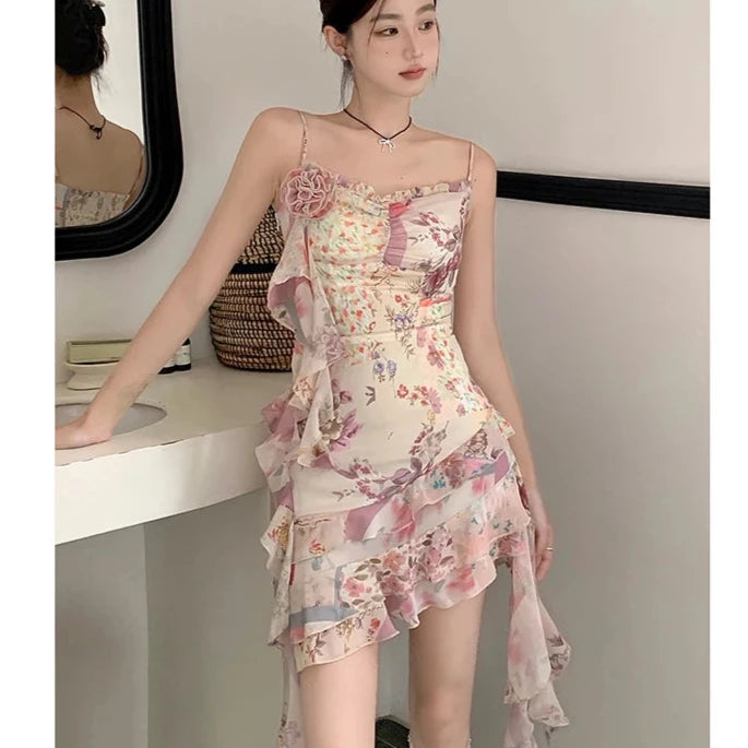 Asymmetrical Ruffle Hem Women Mini Dress Shirring Lettuce Trim Patchwork Print Floral Cami One-piece Coquette Clothes Aiertu