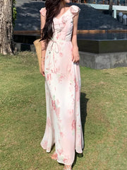 Aiertu New Summer Women Elegant Floral Casual Dress Sleeveless A-Line Beach Holiday Clothes with Belted Female Vestidos Long Robe Aiertu