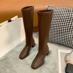 Aiertu Fashion Women Black Block High Heels Long Boots New Winter Warm Knee High Boots Soft Leather Thigh High Boots Shoes Aiertu