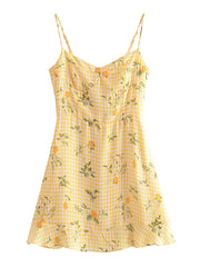 Aiertu Summer Women French Style Prairie Chic Plaid Flower Print Sexy Sling Dress Vintage Ladies A-line Short Chiffon Sundress Aiertu