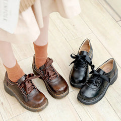 Aiertu Lace-up Retro Uniform Shoes Loafers College Style Jk Small Leather Shoes Brown Vintage Lace Round Head Women's Lolita Shoe Aiertu