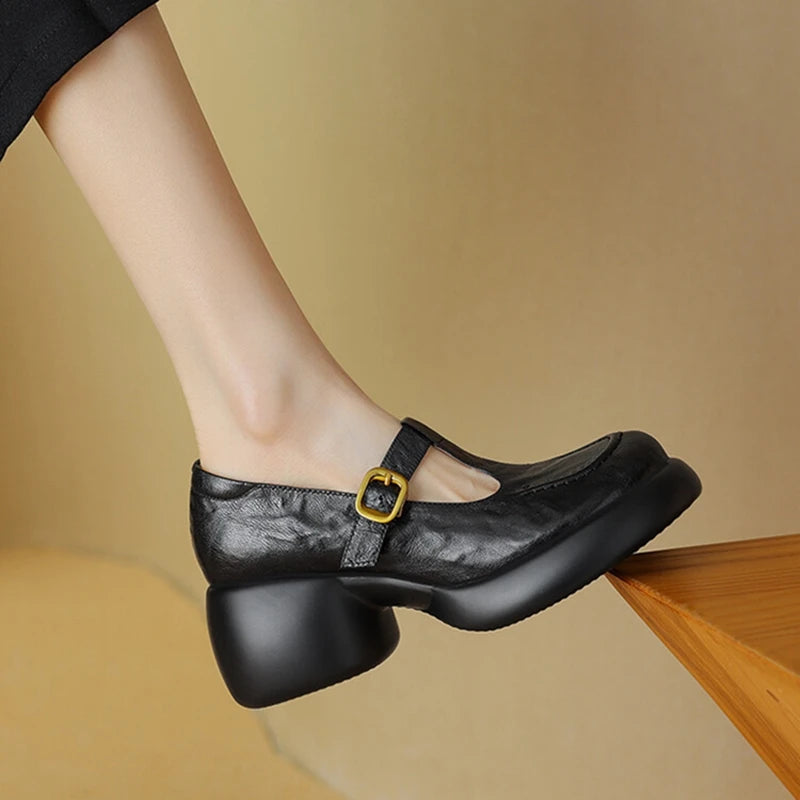 Aiertu NEW Spring/Autumn Women Pumps Genuine Leather Shoes for Women Round Toe Mary Janes Chunky Heel Women Pumps Buckle Platform Shoes Aiertu