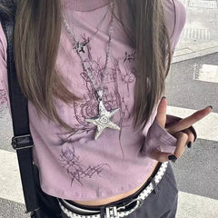 Aiertu Harajuku Y2k Vintage T-shirts Women Gothic Long Sleeve Grunge Retro Print T-shirts Slim Up Streetwear Casual Crop Tops Aiertu