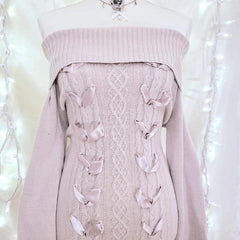 Aiertu Cottage Fairy 00s Vintage Knitted Dress Japanese Off Shoulder Pullovers Mini Dress Fairy Y2K Kawaii Tie Up Retro Sweater Dress Aiertu
