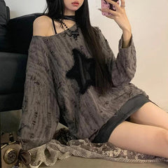 Aiertu Y2K Grunge Hole T-Shirt Star Print Ripped Streetwear Off Shoulder Tops Vintage Harajuku Oversized Kpop Long Sleeveloose Tees Aiertu