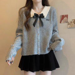 Aiertu Kawaii Sweet Cardigan Sweater Woman Grey Bow Knitted Tops Coquette Fashion Korean Style Sweater Autumn Winter Casual Aiertu