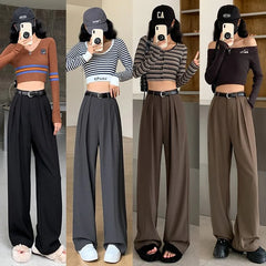 Retro Straight Wide Leg Brown Pants Vintage Female Korean High Waist Casual Long Navy Blue Pants White Beige Trousers Aiertu