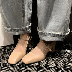 Aiertu Fashion Pumps New High Quality Genuine Leather Vintage Mary Jane Shoes Square Toe High Heels Flat Shoes Lightweight Shoes Aiertu