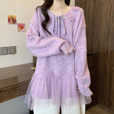 AIERTU - Sweet Flowers Women Sweaters Mesh Ruffles Solid Autumn Winter Pullovers Korean Fashion Elegant Warm Pulls Femmes Aiertu