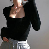 Aiertu Square Collar Warm Long Sleeve Tops Casual Women T Shirts Autumn Winter Skinny Sexy Solid Basic Crop Top Fashion Streetwear aiertu