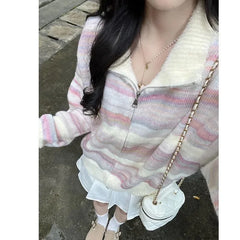 Autumn Chic Fashion Rainbow Striped Turn Down Collar Women Sweater Contrast Color Sweet Knitted Cardigan Tops Mujer Aiertu