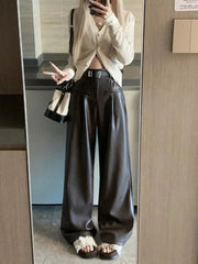 Aiertu New White Casual Fashion Female Pu Wide Leg Pants Winter Black Office Lady Loose High Waist Simple Women Brown Leather Trousers Aiertu