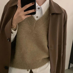 Aiertu Women Vintage Turn Down Collar Check Plaid Solid Knitting Sweater Female Casual Loose Vest Chic Pullovers Tops Aiertu