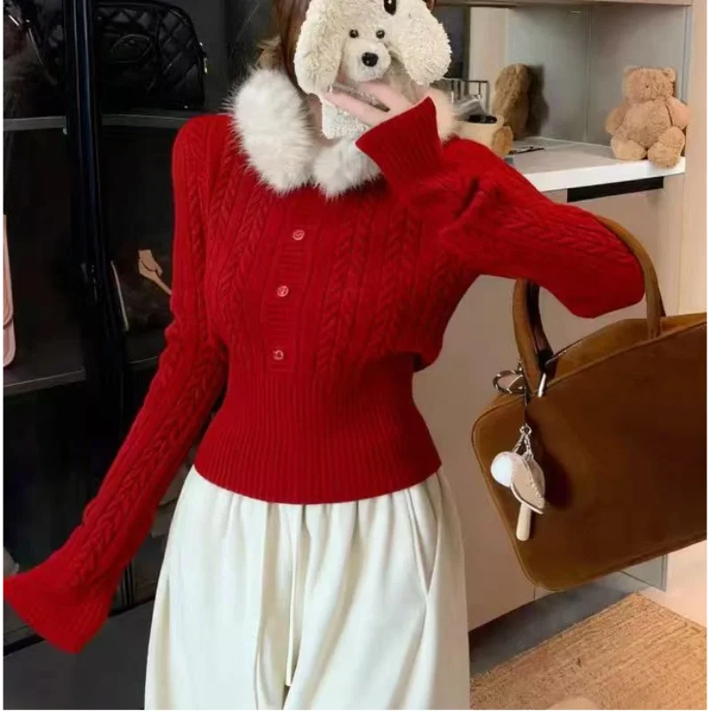 AIERTU - New Year Red Christmas Knitted Sweater Autumn Winter New Style Twist Slim Fit Fashion Removable Fur Collar Base Top Aiertu