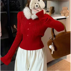 AIERTU - New Year Red Christmas Knitted Sweater Autumn Winter New Style Twist Slim Fit Fashion Removable Fur Collar Base Top Aiertu