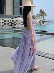 Aiertu Women Sleeveless Slip Long Dress New Summer Elegant Boho Holiday Beach Dress Solid V-neck Pleated Bandage Dresses Backless Aiertu