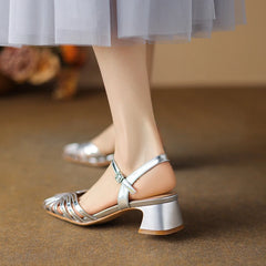 Aiertu Split Leather Women Sandals Round Toe Chunky Heel Summer Women Shoes Narrow Band Shoes for Women Handmade Shoes Aiertu