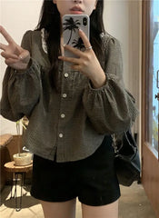 Chic Spring Design Retro Checkered Square Collar Long Sleeve Shirt Lazy Style Sweet Aging Chic Top Women's Shirts Aiertu