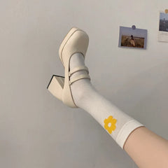 Aiertu White Magic Tape Petite Women's High Heels Shoes Comfortable Thick Heel Mary Jane Style Flats Non-tired Feet Aiertu