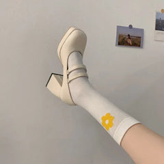 Aiertu White Magic Tape Petite Women's High Heels Shoes Comfortable Thick Heel Mary Jane Style Flats Non-tired Feet Aiertu