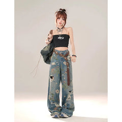 Aiertu Women Y2k Low Rise Graphic Print Ripped Jeans Baggy Harajuku 90s Aesthetic Denim Trousers Vintage 2000s Style Jean Pants Aiertu