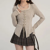 Aiertu Bandage Drawstring Knitted Cardigan Women Autumn Winter Vintage Split Cardigans Korean Fashion Y2k Sweaters Bottoming Shirt Top Aiertu