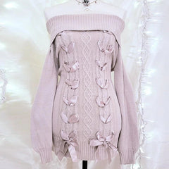 Aiertu Cottage Fairy 00s Vintage Knitted Dress Japanese Off Shoulder Pullovers Mini Dress Fairy Y2K Kawaii Tie Up Retro Sweater Dress Aiertu