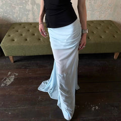 Aiertu Elegant Sexy Tulle Long Skirt Women Coquette Fashion Transparent Skirt Blue Sweet A-line Solid Aesthetics Casual Skirts Aiertu