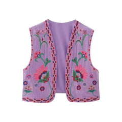 Aiertu Women Vintage Floral Embroidered Open WaistCoat Ladies National Style Vest Jacket Outfits Casual Vacation Crop Top Aiertu