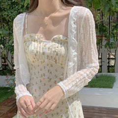Aiertu Women Summer Sun Protection Coat Lace Bow Ruffle Cardigan Shirt Female Blouse Tops for Woman Covers Blusa White Y2K Korean Shirt Aiertu