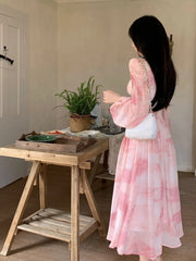 Aiertu Chiffon Long Sleeve Floral Midi Dress Chic French Slim Elegant Women Dress Casual Fashion Beach Style Office Lady Dresses Aiertu