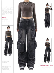 Aiertu Women's Black Gothic Baggy Cargo Jeans Vintage Emo 2000s Y2k Harajuku Denim Trouser Korean 90s High Waist Cowboy Pants Clothes Aiertu