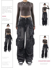 Aiertu Women's Black Gothic Baggy Cargo Jeans Vintage Emo 2000s Y2k Harajuku Denim Trouser Korean 90s High Waist Cowboy Pants Clothes Aiertu