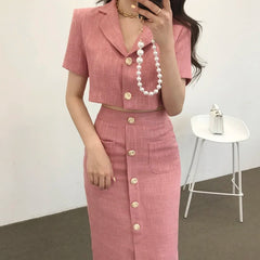 Aiertu Fashion Korea Elegant Lapel Thin Tweed Small Suit Short Jacket + High Waist Chic Button Slim Women Two Piece Skirt Sets Summer Aiertu