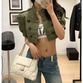 AIERTU - Summer Casual Wind Army Green Double-breasted Coat Women's Heavy Industry Retro Bubble Sleeve Short Jacket Top Aiertu